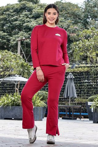 WOMEN ROUND NECK RED FULL SLV  CO-ORD SET
