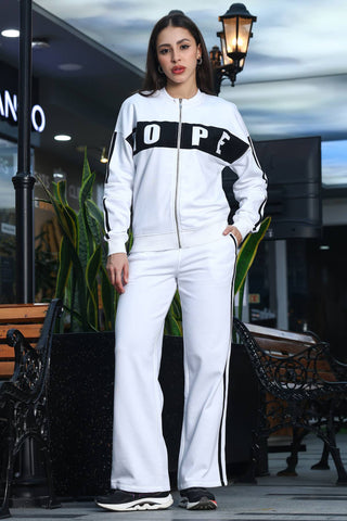 ONE SKY Women's Striped & Typographic Tracksuit | Cotton Blend Co-ord Set with Zipper Mock Collar Jacket & Slip-On Pants | 4 Pockets