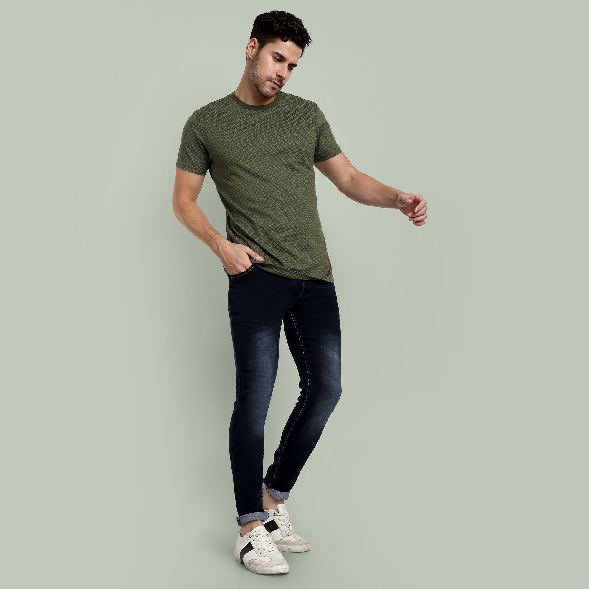 Men Military Olive Round Neck T-Shirt
