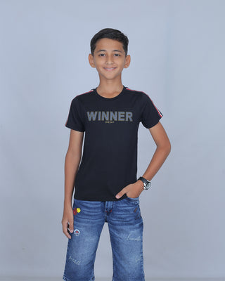 Boys Black Printed Round Neck T-Shirt