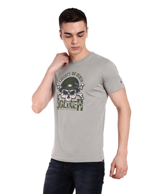 Men Silver Printed Round Neck T-Shirt