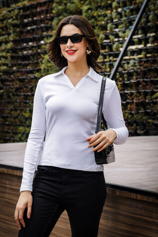 Womens Full Sleeve Polo Neck White Top