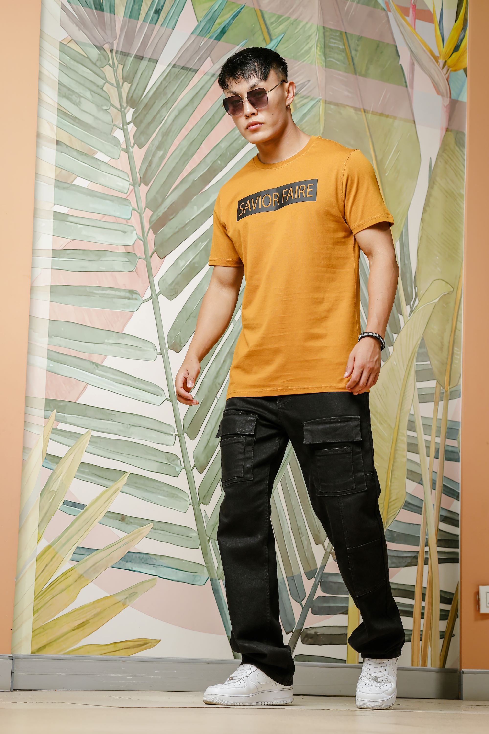 Mens Graphic Print Round Neck Orange Tshirt