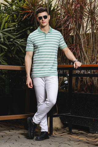 ONE SKY MEN SMOKE GREEN STRIPES POLO T SHIRT