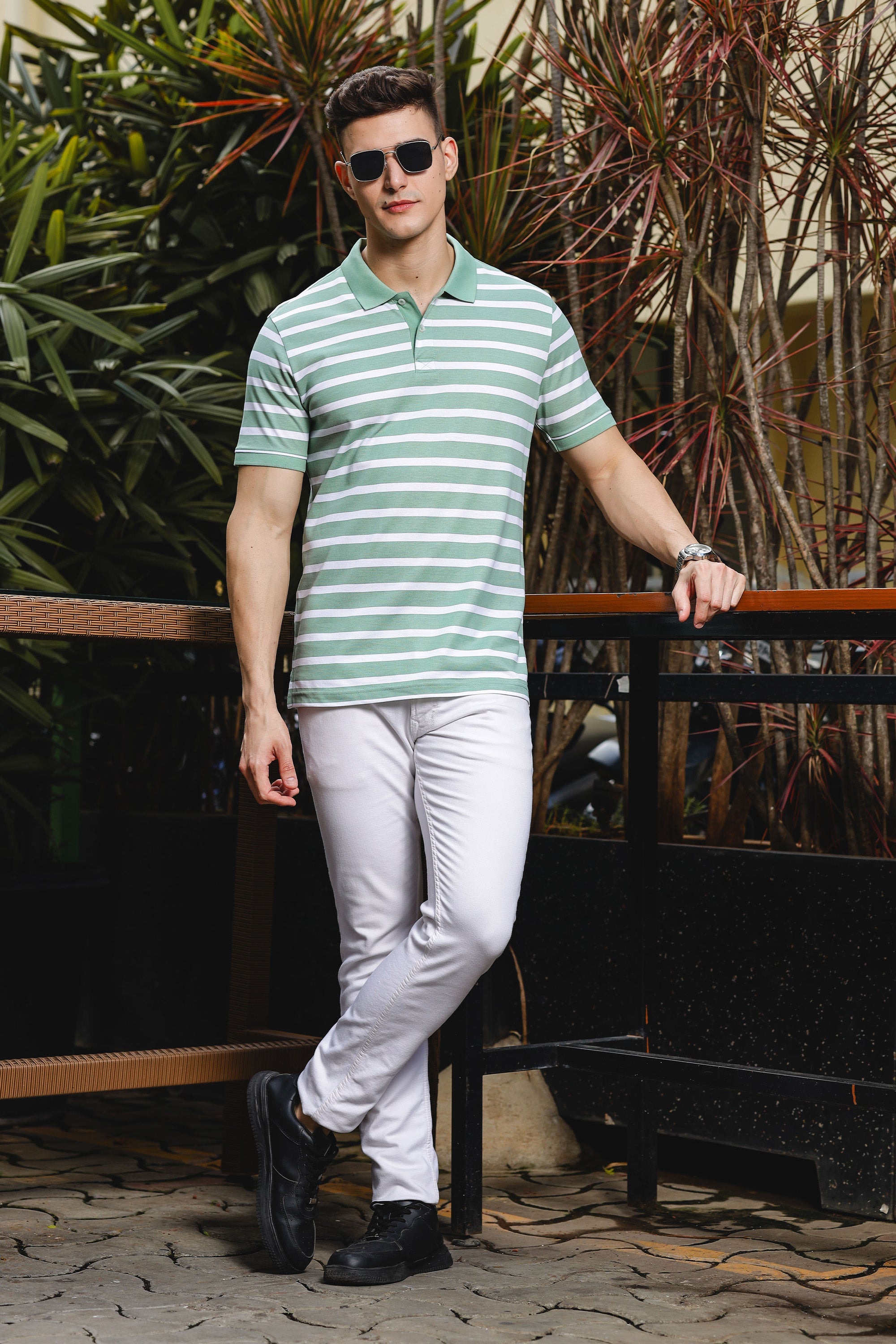 ONE SKY MEN SMOKE GREEN STRIPES POLO T SHIRT