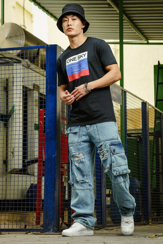 ONE SKY MEN BLACK TYPOGRAPHY PRINTED T SHIRT