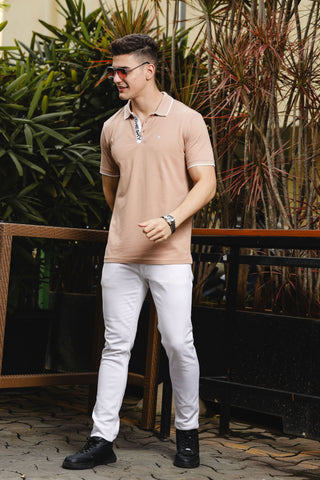 Mens Printed Collared Neck Beige 100% Cotton Polo T-Shirt