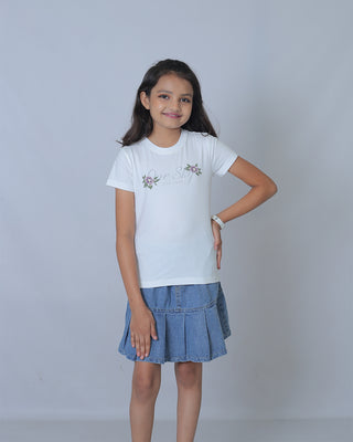 Girls White Round Neck T-Shirt