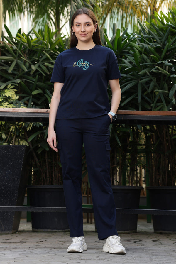 ONE SKY Women’s 100% Cotton Half Sleeve Co-Ord Set | Round Neck Top & Mid Rise Drawstring Bottom | Typography Print | 4 Pockets | Casual Wear | Machine Wash