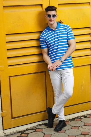 Men's Classic Cotton Polo with Stripes Blue