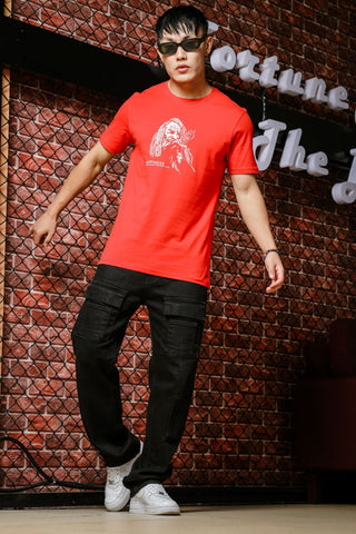 Mens Graphic Print Round Neck Red Tshirt