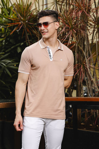 Mens Printed Collared Neck Beige 100% Cotton Polo T-Shirt