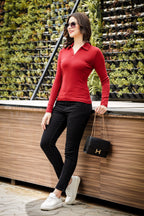 Womens Full Sleeve Polo Neck Winery Top