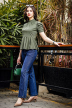 Womens Puff Sleeve Green Peplum Top