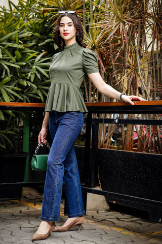 Womens Puff Sleeve Green Peplum Top