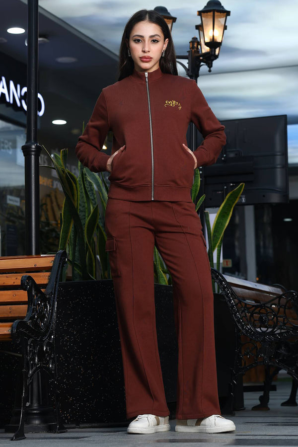 ONE SKY Women's Embroidered & Typographic Tracksuit | Cotton Blend Zipper Jacket with Mock Collar & Drawstring Pants | 6 Pockets | Pleated Design