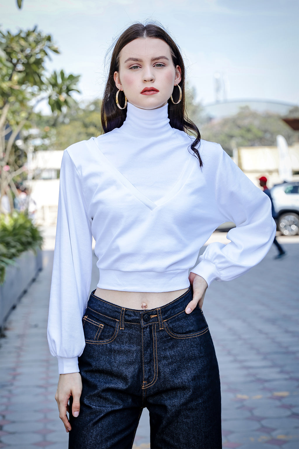 Women's 3-in-1 Versatile Crop Top with High Neck Inner & Full Sleeve Outer