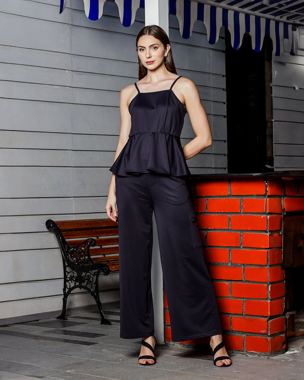 Chic Women's Black Peplum Tunic & Stylish Cargo Pants Co-Ord Set