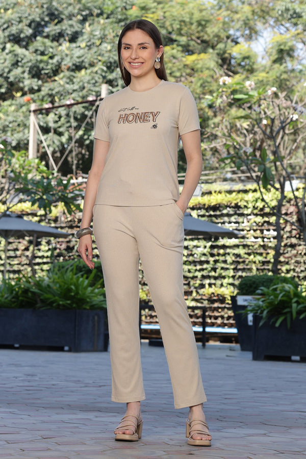 ONE SKY Women’s Half Sleeve Viscose Co-Ord Set | Round Neck Top & Mid Rise Bottom | Embroidered Typography | 2 Pockets | Casual Wear | Machine Wash