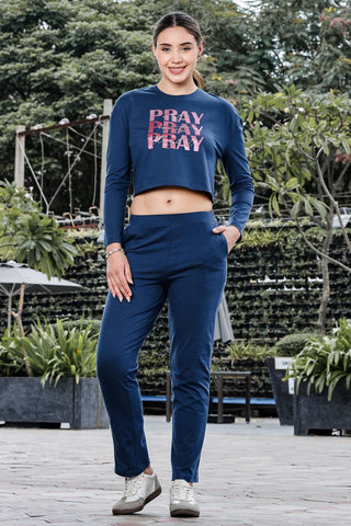 WOMEN ROUND NECK NAVY BLUE FULL SLV  CO-ORD SET