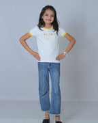 Girls White/Yellow Round Neck T-Shirt