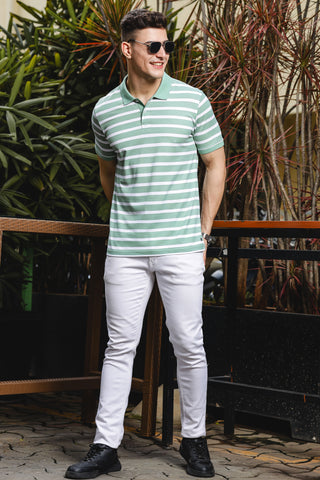 ONE SKY MEN SMOKE GREEN STRIPES POLO T SHIRT