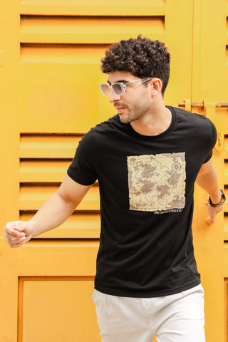 Round Neck T-Shirt - Comfortable Black Graphic Print, Men's Wear Tee Stylish Regular Fit Cotton Tshirt for Casual, Outing, Hiking