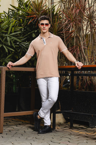 Mens Printed Collared Neck Beige 100% Cotton Polo T-Shirt