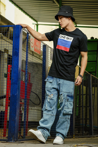 ONE SKY MEN BLACK TYPOGRAPHY PRINTED T SHIRT