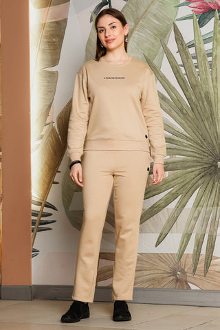 ONE SKY Women's Embroidered Round Neck Tracksuit | Cotton Blend Solid Co-ord Set with Drawstring Top & Slip-On Pants | 2 Pockets | Flat Front