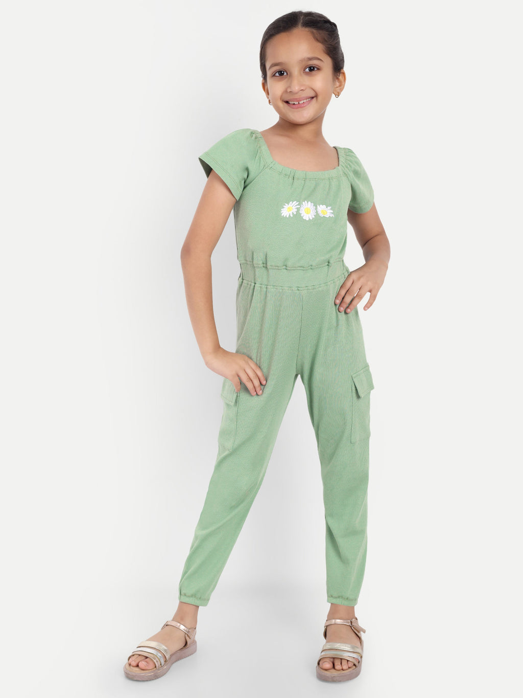 ONE SKY GIRLS FAIR GREEN SOLID JUMPSUIT