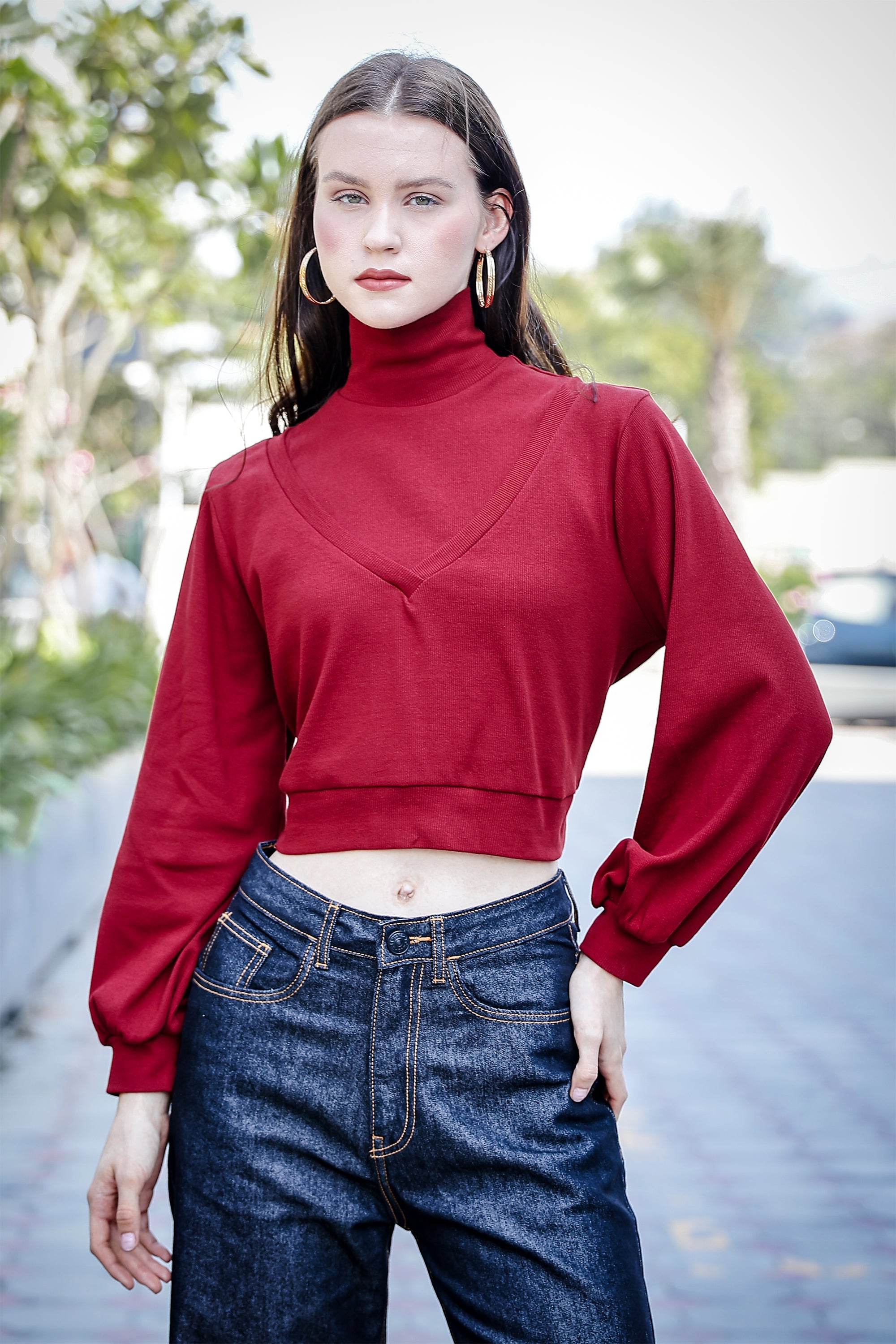 Women's 3-in-1 Versatile Crop Top with High Neck Inner & Full Sleeve Outer