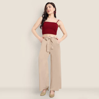 Women Beige Cotton Blend Trousers