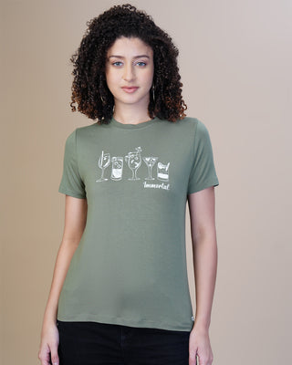 WOMEN OLIVE PRINTED ROUND NECK T-SHIRT