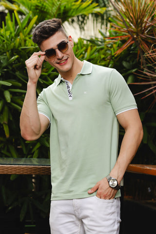 Men's Printed Collared Neck Green 100% Cotton Polo T-Shirt