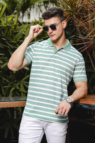 ONE SKY MEN SMOKE GREEN STRIPES POLO T SHIRT