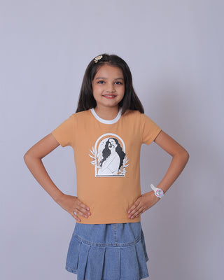 Girls Beige Round Neck T-Shirt