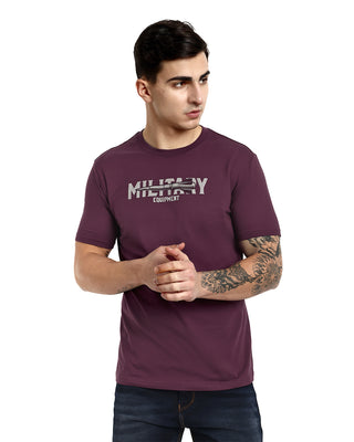 Men Dark Burgundy Printed Round Neck T-Shirt