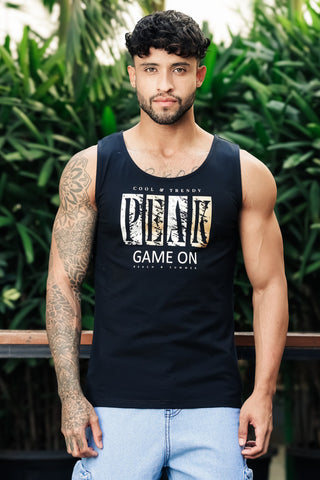 ONE SKY Men’s Cotton Spandex Printed Tank Top | Sleeveless Round Neck Casual Vest | Typography Print | Stretch Fabric | Machine Wash