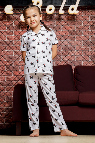 Printed Top & Pyjama Set for Girls, White