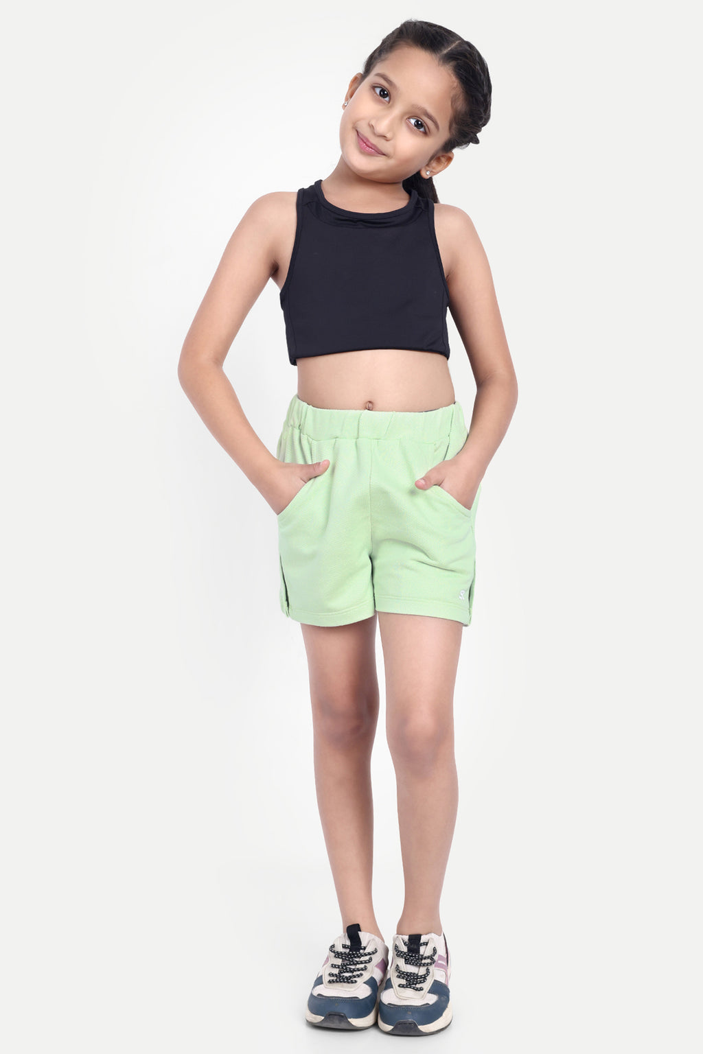 Girls' Stylish Elastic Waist Shorts with Front Pockets & Side Button Detailing