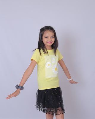 Girls Soft Yellow Floral Printed T-Shirt