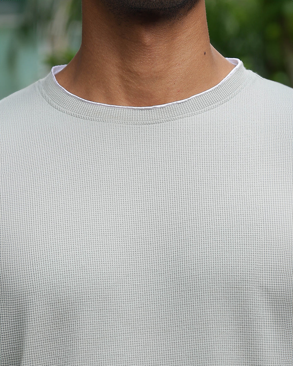 Men's Gray Self Textured Full Sleeve Crew Neck T-shirt