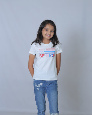 Girls White Round Neck T-Shirt