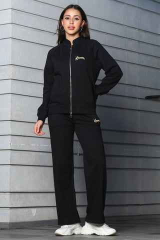 ONE SKY Women's Printed Front Open Tracksuit | Cotton Blend Co-ord Set with Zipper Jacket & Drawstring Pants | Typographic Design & 4 Pockets