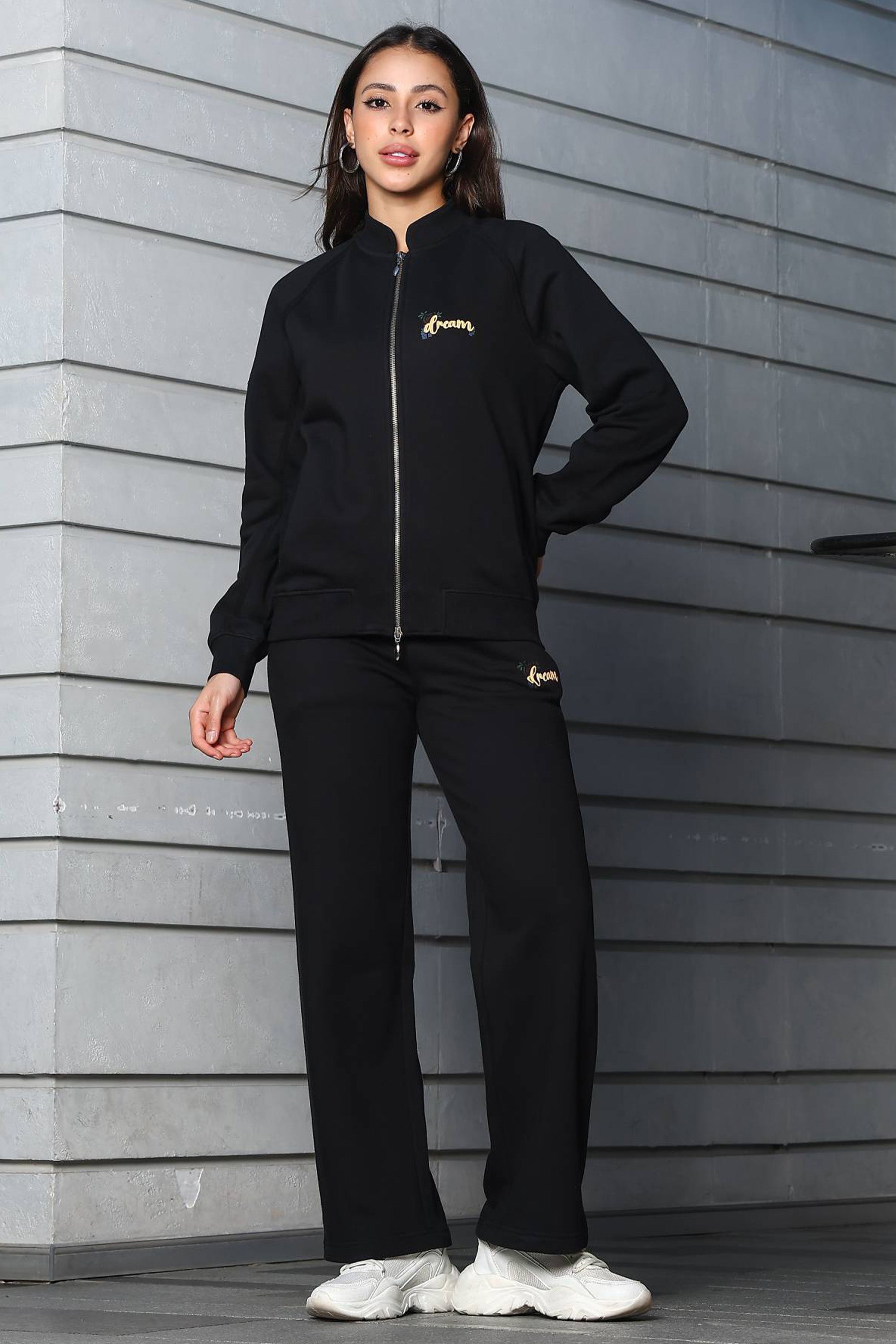 ONE SKY Women's Printed Front Open Tracksuit | Cotton Blend Co-ord Set with Zipper Jacket & Drawstring Pants | Typographic Design & 4 Pockets