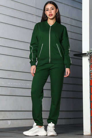 ONE SKY Women's Embroidered & Typographic Tracksuit | Cotton Blend Stand Collar Zip Jacket & Slip-On Pants | 4 Pockets | Flat Front Design