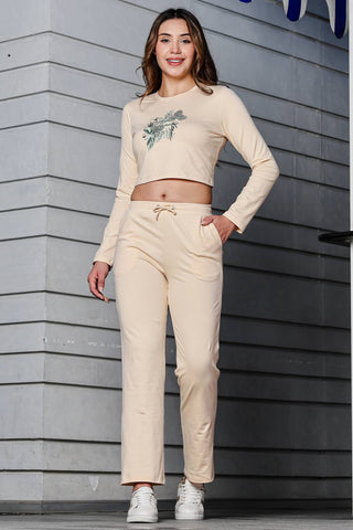 WOMEN ROUND NECK CREAM FULL SLV  CO-ORD SET