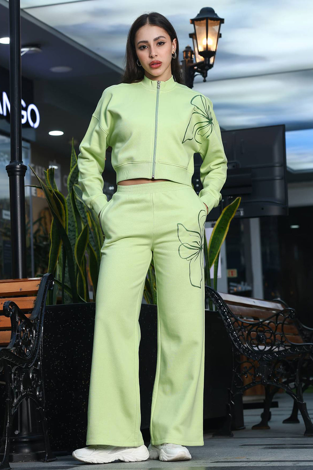 ONE SKY Women's Floral Printed Crop Tracksuit | Cotton Blend Co-ord Set with Zipper Mock Collar Top & Slip-On Pants | 2 Pockets