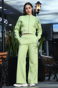 ONE SKY Women's Floral Printed Crop Tracksuit | Cotton Blend Co-ord Set with Zipper Mock Collar Top & Slip-On Pants | 2 Pockets